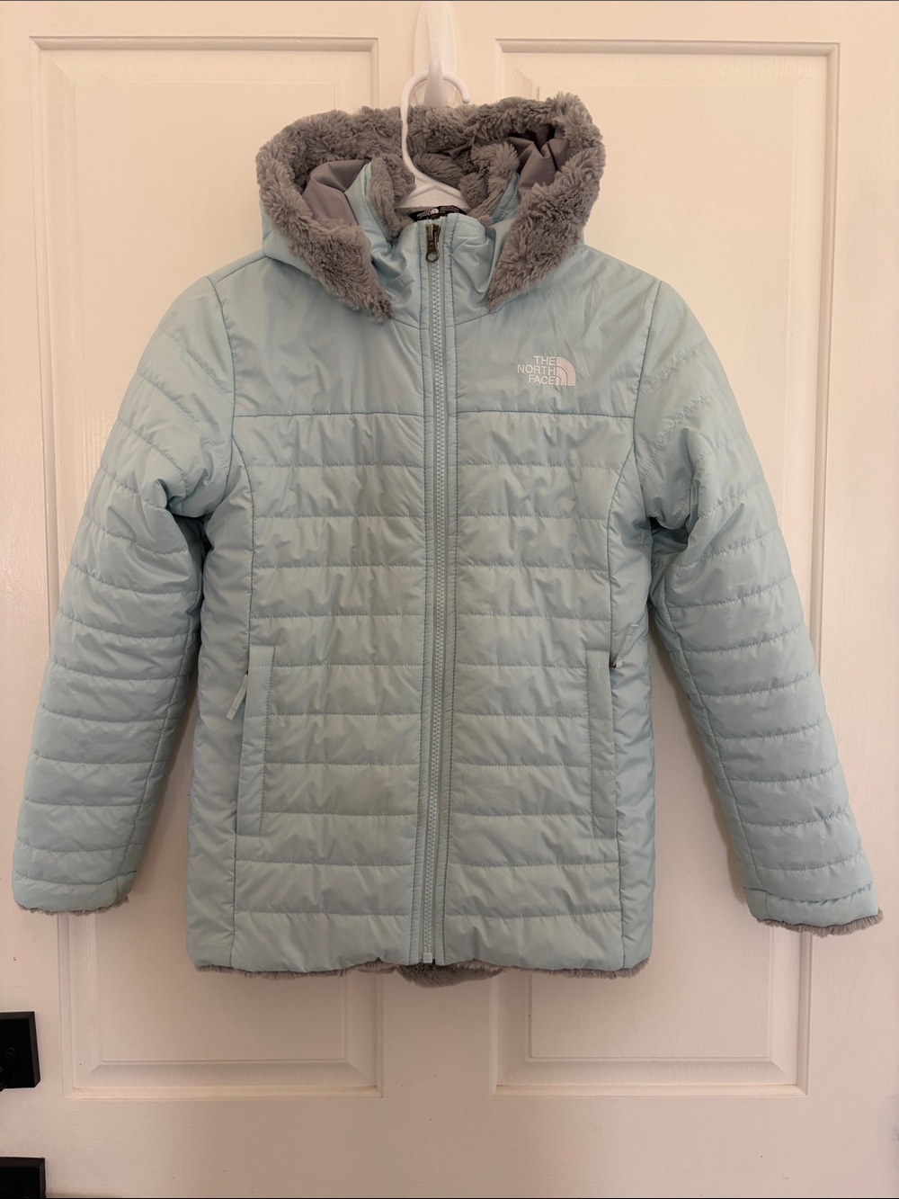 The North Face Light Blue Quilted Girls' Hooded Puffer Jacket